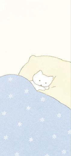 an illustration of a cat laying in bed under a blue blanket with white stars on it
