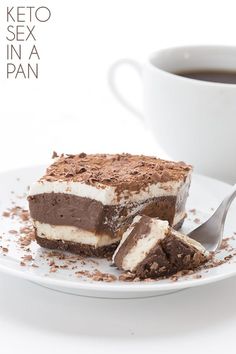 a piece of cake on a plate with a fork and cup of coffee in the background