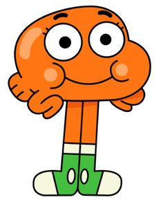 an orange cartoon character with big eyes and hands on his chest, standing in front of the
