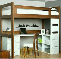 a loft bed with desk underneath it in a room that has hardwood floors and white walls