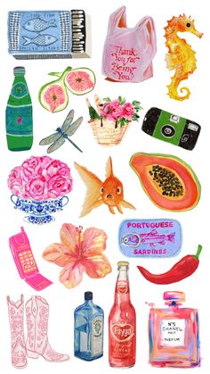 various items are shown in this watercolor drawing