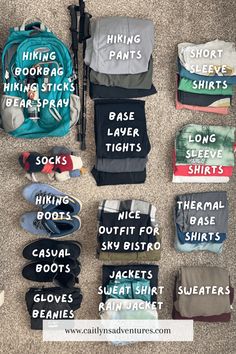 the contents of a backpack laid out on the floor with text reading hiking and hiking pants