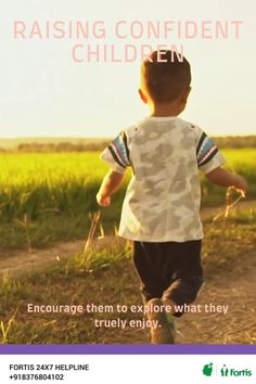 a young boy walking down a dirt road with the words raising confident children on it