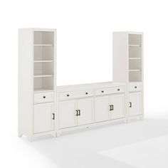 a white bookcase with two doors and three drawers on each side, in front of a white background