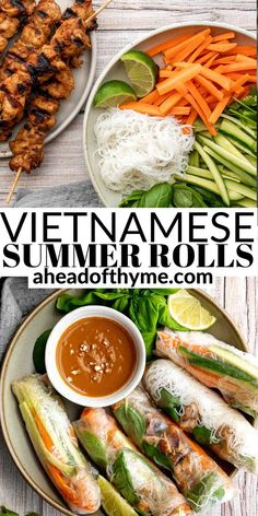 vietnamese summer rolls on a plate with dipping sauce and vegetables next to it, along with the title