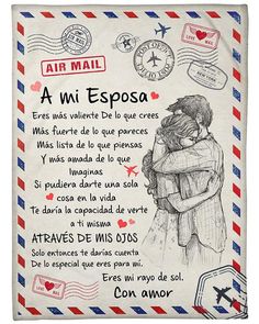 a couple hugging each other in front of an airmail with the words to my husband