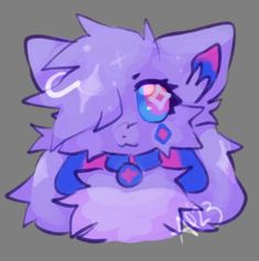 a drawing of a purple cat with blue eyes