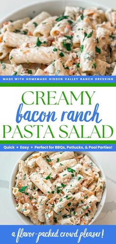 creamy bacon ranch pasta salad in a white bowl with parsley on top and the title below