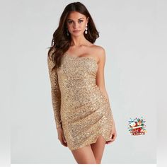 Never Worn Windsor Sequin Gold Dress Size Small Half Shoulder Dress, Sequin Gold Dress, Long Sleeve Sparkly Dress, Royal Blue Dress Short, Maroon Sweater Dress, Gold Sparkly Dress, White Beaded Dress, Emerald Green Prom Dress, Purple Long Sleeve Dress