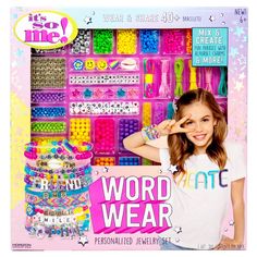 Create jewelry that sings and say it with style with the It's So Me! Word Wear Bead Kit. This jewelry kit includes so many alphabet beads that you can create up to 30 different pieces. Or use the transfer sheet to customize pieces of jewelry for you and your friends. Ideal for ages 6+ Crafting Kits, G Words, Alphabet Charms, Kids Craft Supplies, Jewelry Kit, Toy Watch, Tie Dye Kit, Toys For Tots, Create Jewelry