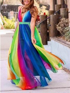 Bohemian Rainbow, A Line Evening Dress, Rainbow Wedding, Rainbow Fashion, Looks Plus Size, Rainbow Dress, Sling Dress, Backless Maxi Dresses, Striped Maxi Dresses