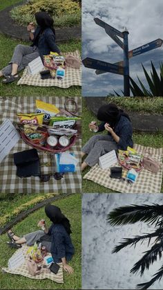 a woman sitting on top of a checkered blanket next to a picnic table with food