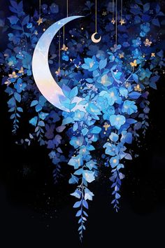 the moon and stars are hanging in the night sky with blue flowers on it's sides