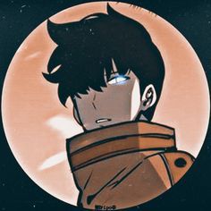 an anime character with black hair and blue eyes in front of a circular background that has the image of a man's face on it