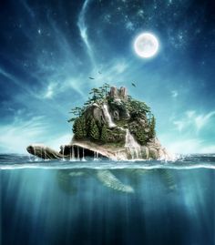 an island floating in the ocean under a full moon with words above it that read, sky woman fell down to the earth when it was covered with water