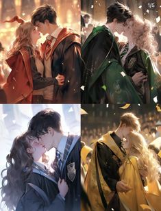 four different pictures of people in costumes and one has a kiss on the cheek as if they were kissing