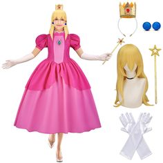 a woman in a pink dress and white gloves is next to a doll with blonde hair