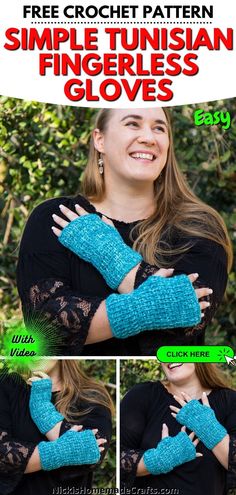 a woman wearing blue knitted fingerless gloves with text that reads free crochet pattern