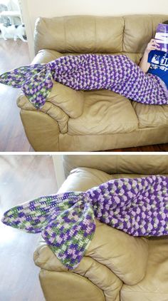 two pictures of a mermaid tail blanket on a couch