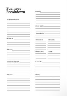 the business breakdown worksheet is shown in black and white, with text on it