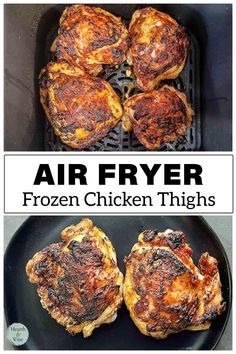 air fryer frozen chicken thighs in a cast iron skillet with text overlay