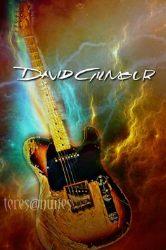 an electric guitar with the words david simpson on it in front of a colorful background