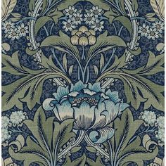 a blue and green floral wallpaper with flowers on it's sides, in the middle