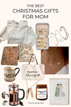 the best christmas gifts for mom is on display in this collage with pictures and jewelry