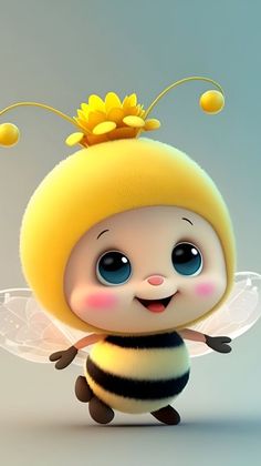 a cute little bee with big eyes and a flower on its head is standing in front of the camera