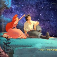 the little mermaid and prince are sitting on the ground in front of an image of stars