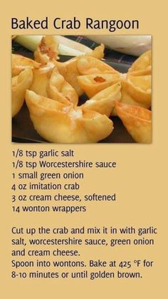 the recipe for baked crab rangoon is shown in english and chinese, along with instructions on how to make it