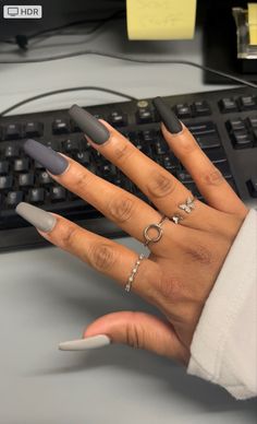 Matte Gray Acrylic Nails, Grey To Black Nails, Different Shades Of Gray Nails, Nail Gray And Black, Short Matte Black Acrylic Nails, Matte Nails With Shiny Design, Grey Nail Color Ideas, Light And Dark Nails, Trendy Grey Nails