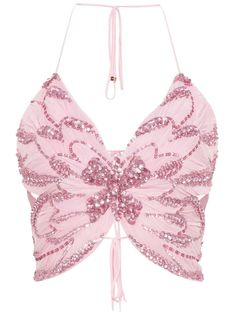 light pink butterfly-shaped design V-neck spaghetti straps sequin embellishment open back full lining geometric hem rear tie fastening Bustiers, Butterfly Top, Butterfly Embroidery, Versace Outfit, Modieuze Outfits, Pink Outfits, Pink Butterfly, Lady Dior, Kpop Outfits