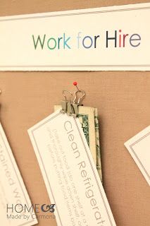 a bulletin board with some tags attached to it's sides and the words work for hire written on them