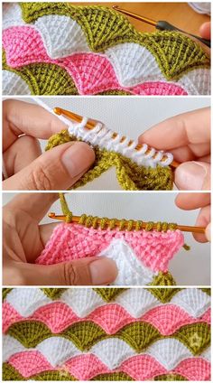 the crochet pattern is being worked on by someone using their hands to knit it