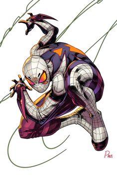 a drawing of a spider man in purple and orange