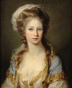 a painting of a woman with long red hair wearing a white dress and gold trim