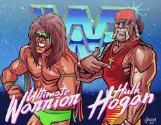 two men in wrestling gear with the words ultimate warrior and no man's horizon