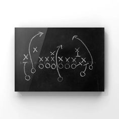 a chalk drawing of a football game on a blackboard mounted to a white wall