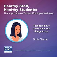 a woman smiling with the words healthy staff, healthy students and an image of her