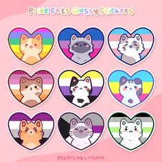 heart shaped stickers with cats in them on a pink background and the words pride cats classy stickers