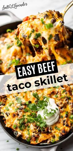 an easy beef taco skillet recipe in a cast iron skillet with text overlay