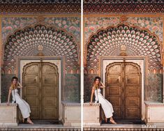 two pictures of a woman sitting in front of a wooden door with intricate designs on it
