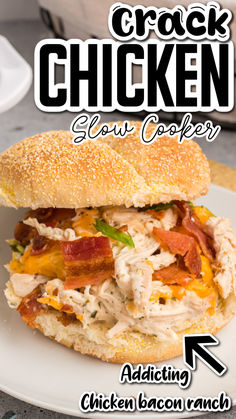 a close up of a sandwich on a plate with the words crock chicken slow cooker