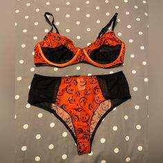 Shein Bra And Panty Set Pumpkin Print Size 1x Color Black And Orange Sheer Brand New Floral Lingerie, White Lace Bralette, Bra And Panty Set, Lace Bra Set, White Bralette, Nude Bra, Original Characters, Pumpkin Print, Lace Lingerie Set