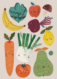 a bunch of fruits and vegetables with faces drawn on them