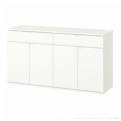 a white cabinet with three doors and two drawers on one side, against a white background