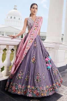 Haute Couture, Couture, Embroidered Lehenga Designs, Summer Lehenga Designs, Purple Floral Lehenga, Pink And Purple Lehenga, Lehenga For Women, Cutdana Embroidery, Sequin Lehenga