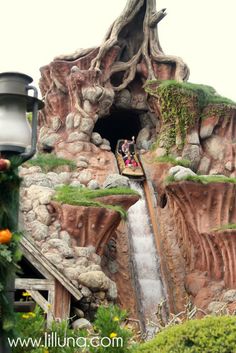 people on a roller coaster going down a waterfall in front of a rock formation with trees growing out of it