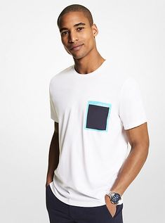 Tap into the season’s cool modern sensibility with this cotton jersey T-shirt. Featuring a color-blocked patch pocket it turns to reveal a graphic display of our scattered brand lettering. Reach for it to add novelty appeal to everything from jeans to joggers. Designer Handbags, Brand Lettering, Jersey Tshirt, Michael Kors Men, Jersey T Shirt, Patch Pocket, White Undershirt